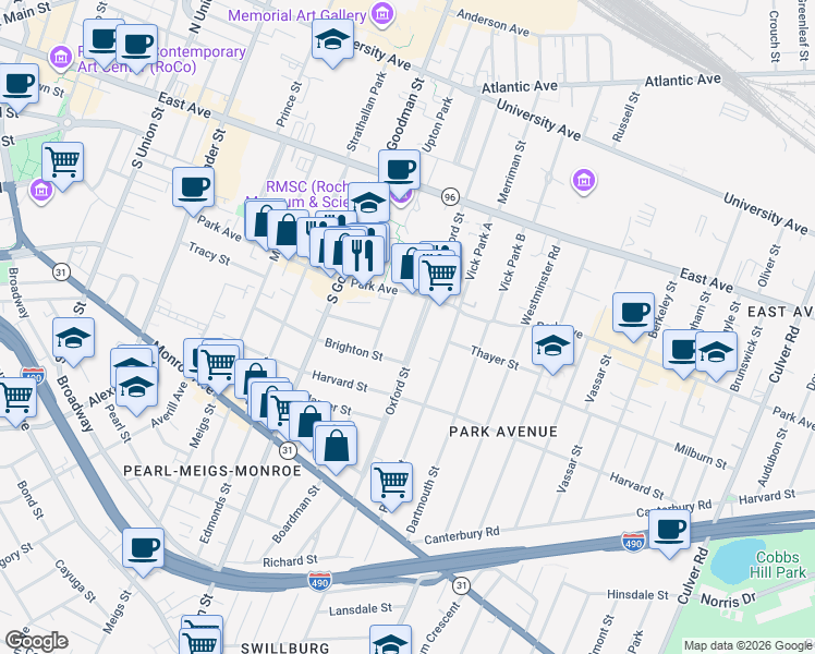 map of restaurants, bars, coffee shops, grocery stores, and more near 333 Oxford Street in Rochester