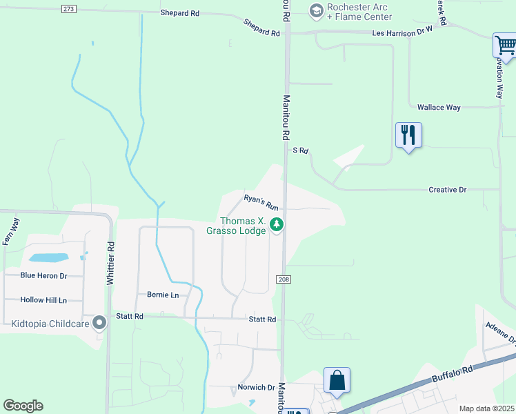map of restaurants, bars, coffee shops, grocery stores, and more near 54 Ryan's Run in Rochester
