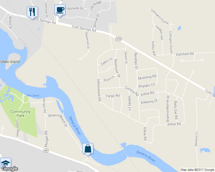 map of restaurants, bars, coffee shops, grocery stores, and more near 4092 Cortina Road in Baldwinsville