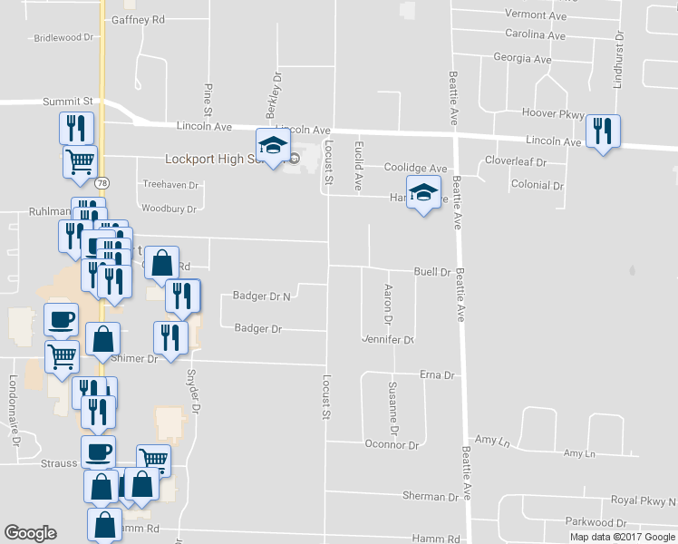 map of restaurants, bars, coffee shops, grocery stores, and more near 5681 Locust Street in Lockport