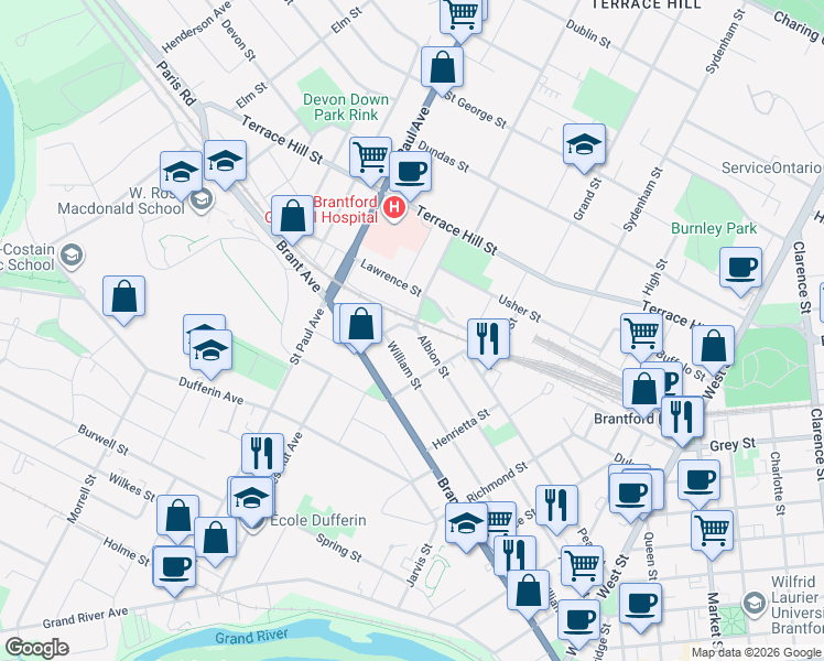 map of restaurants, bars, coffee shops, grocery stores, and more near 188 Albion Street in Brantford