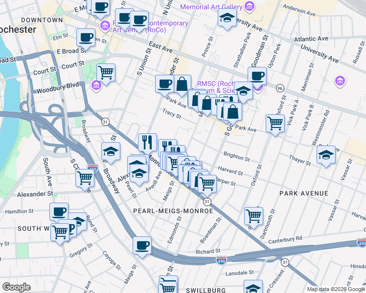 map of restaurants, bars, coffee shops, grocery stores, and more near 260 Meigs Street in Rochester