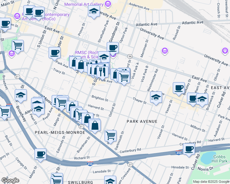 map of restaurants, bars, coffee shops, grocery stores, and more near 325 Oxford Street in Rochester