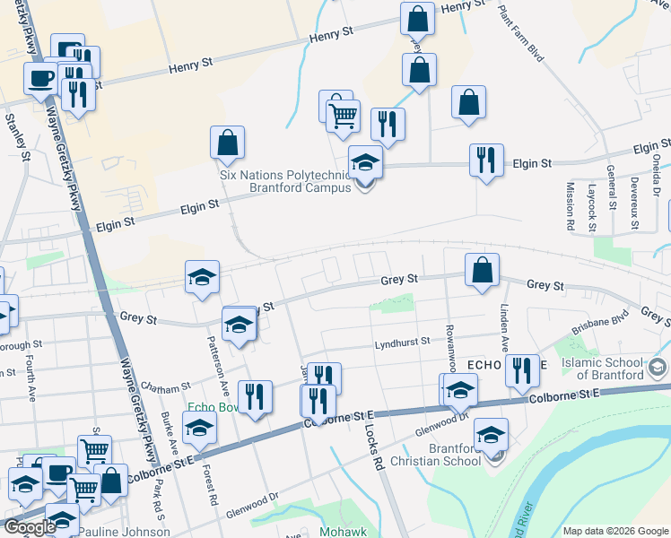 map of restaurants, bars, coffee shops, grocery stores, and more near 520 Grey Street in Brantford