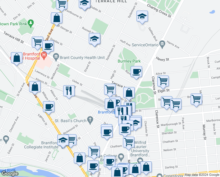 map of restaurants, bars, coffee shops, grocery stores, and more near 61 Buffalo Street in Brantford