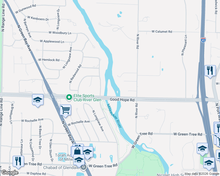 map of restaurants, bars, coffee shops, grocery stores, and more near 1400 Good Hope Road in River Hills