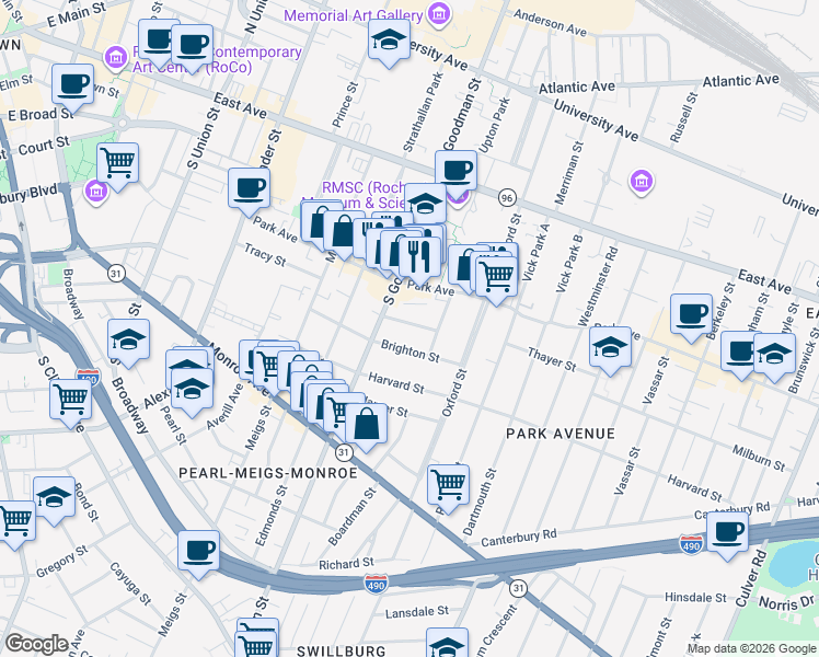 map of restaurants, bars, coffee shops, grocery stores, and more near 49 Harlem Street in Rochester
