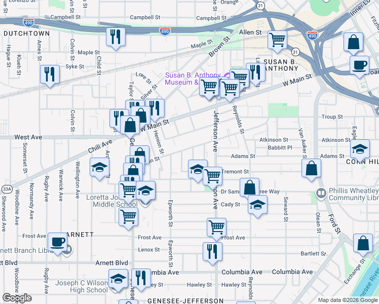 map of restaurants, bars, coffee shops, grocery stores, and more near 111 Clifton Street in Rochester