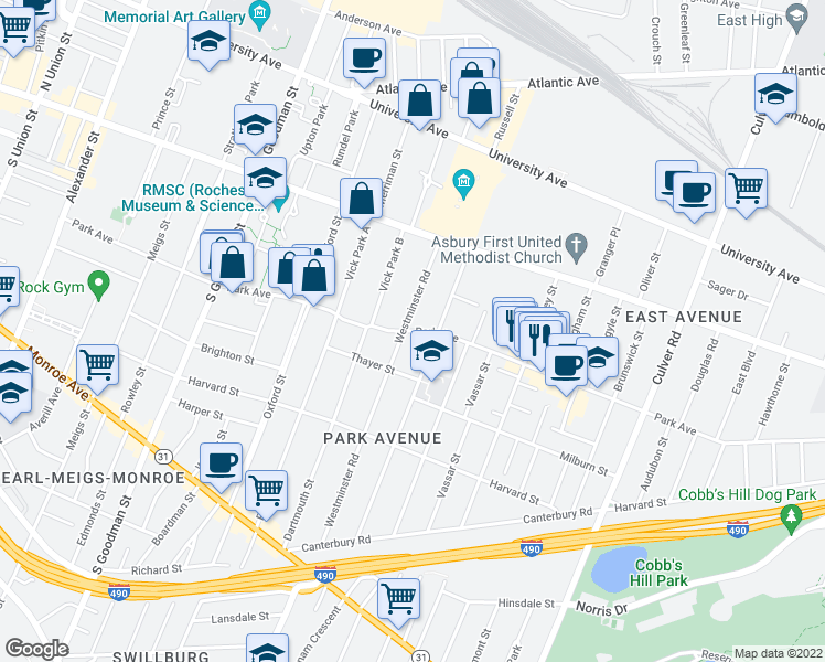 map of restaurants, bars, coffee shops, grocery stores, and more near 505 Park Avenue in Rochester