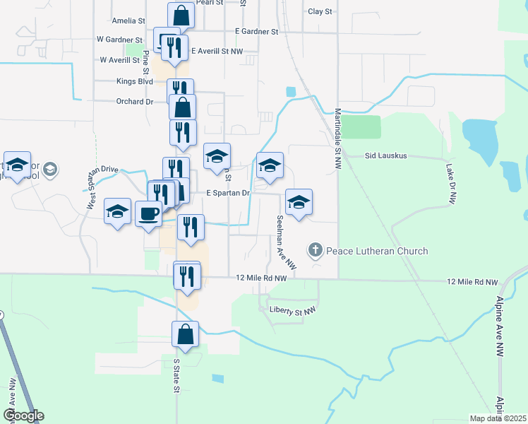 map of restaurants, bars, coffee shops, grocery stores, and more near 465 Donna Street Northwest in Sparta