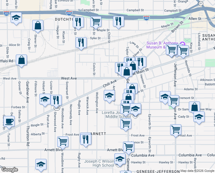 map of restaurants, bars, coffee shops, grocery stores, and more near 77 Chili Avenue in Rochester