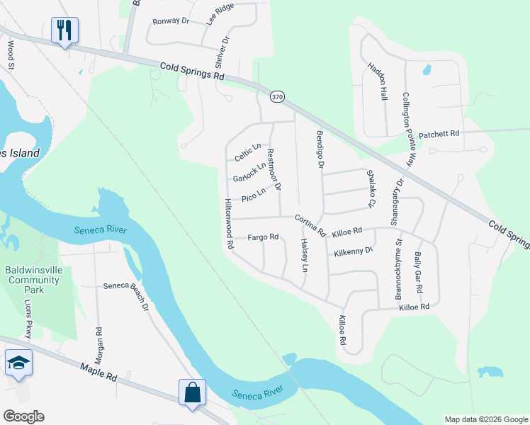 map of restaurants, bars, coffee shops, grocery stores, and more near 4080 Cortina Road in Baldwinsville