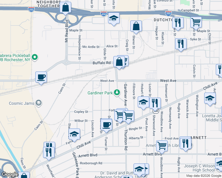 map of restaurants, bars, coffee shops, grocery stores, and more near 40 Depew Street in Rochester