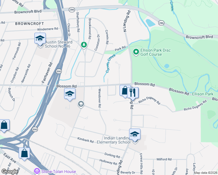 map of restaurants, bars, coffee shops, grocery stores, and more near 5 Blossom Circle West in Rochester