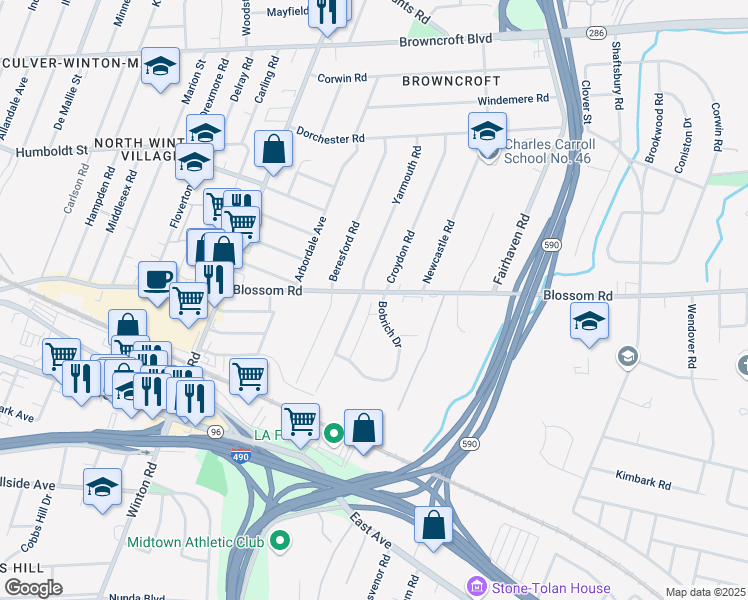 map of restaurants, bars, coffee shops, grocery stores, and more near 192 Yarmouth Road in Rochester