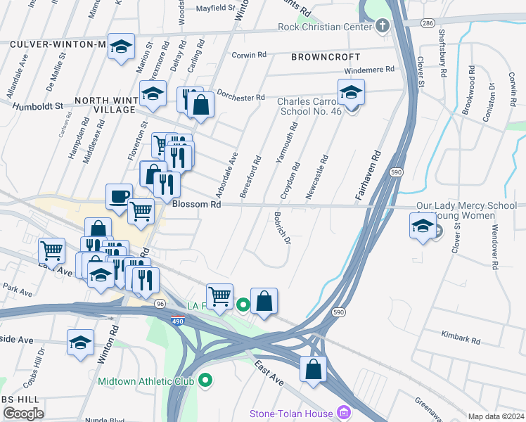 map of restaurants, bars, coffee shops, grocery stores, and more near 192 Yarmouth Road in Rochester