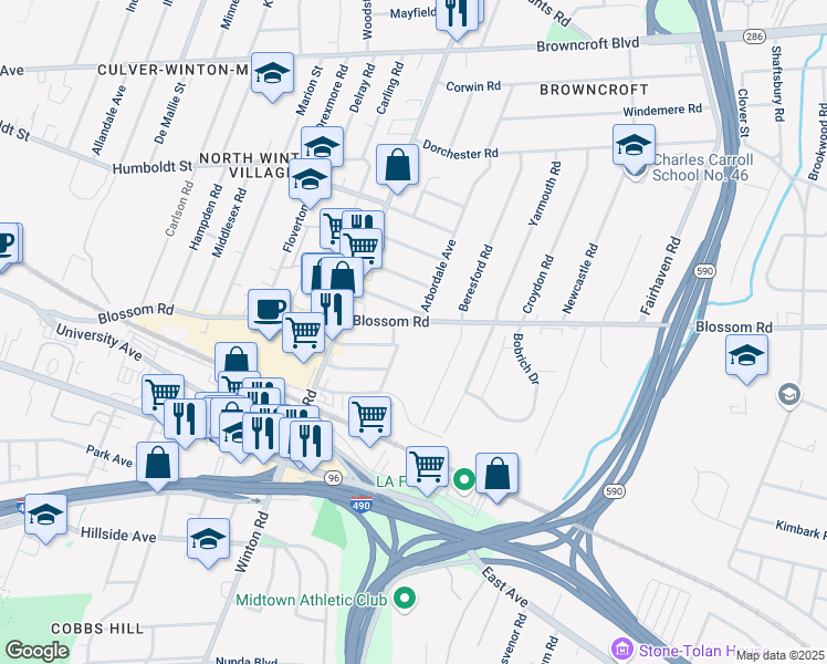 map of restaurants, bars, coffee shops, grocery stores, and more near 805 Blossom Road in Rochester