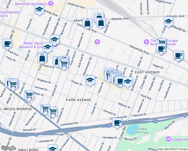 map of restaurants, bars, coffee shops, grocery stores, and more near in Rochester