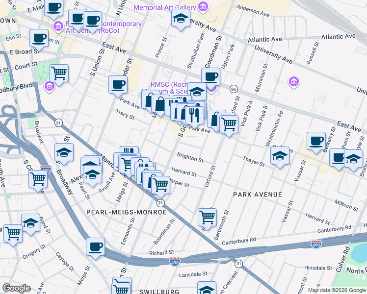 map of restaurants, bars, coffee shops, grocery stores, and more near 224 South Goodman Street in Rochester