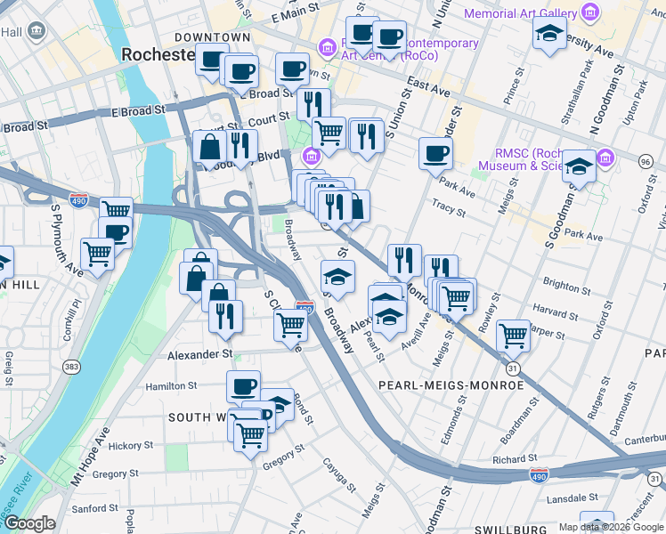 map of restaurants, bars, coffee shops, grocery stores, and more near 39 Pearl Street in Rochester