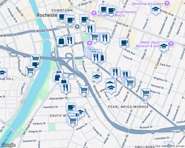 map of restaurants, bars, coffee shops, grocery stores, and more near 39 Pearl Street in Rochester