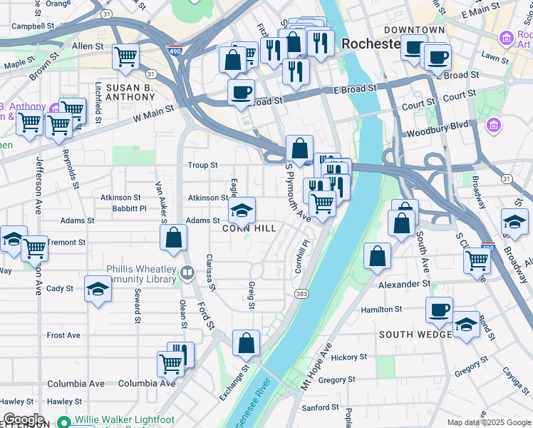 map of restaurants, bars, coffee shops, grocery stores, and more near 80 Adams Street in Rochester