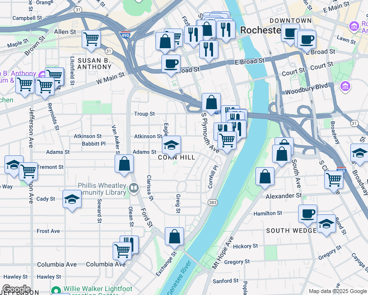 map of restaurants, bars, coffee shops, grocery stores, and more near 80 Adams Street in Rochester