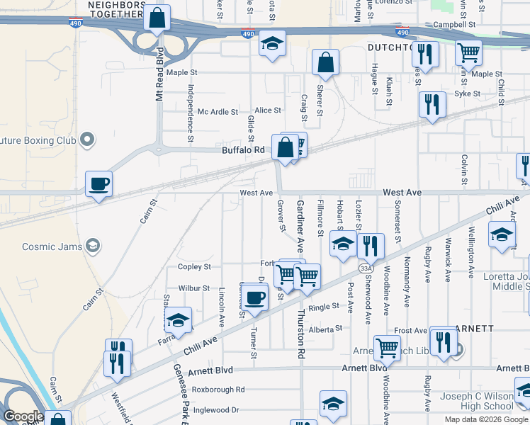 map of restaurants, bars, coffee shops, grocery stores, and more near 45 Depew Street in Rochester