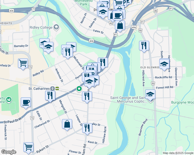 map of restaurants, bars, coffee shops, grocery stores, and more near 145 Saint Paul Crescent in St. Catharines