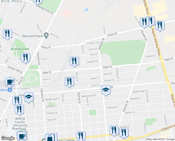 map of restaurants, bars, coffee shops, grocery stores, and more near 135 Elgin Street in Brantford