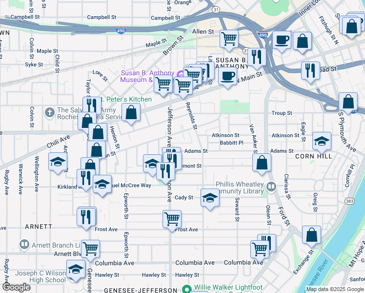 map of restaurants, bars, coffee shops, grocery stores, and more near 298 Adams Street in Rochester
