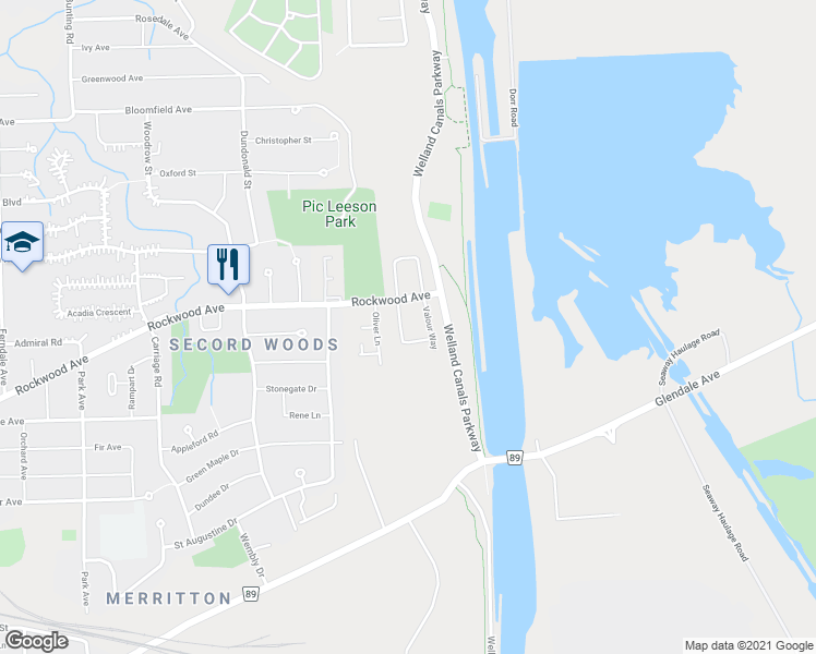 map of restaurants, bars, coffee shops, grocery stores, and more near 22 Colonel Lyall Street in St. Catharines