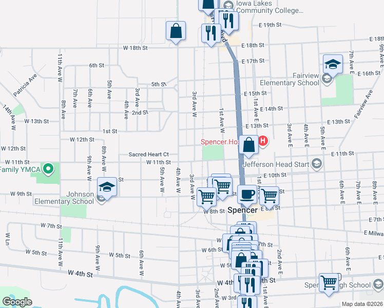 map of restaurants, bars, coffee shops, grocery stores, and more near 1111 3rd Ave W in Spencer
