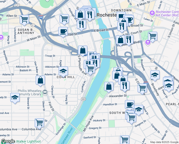 map of restaurants, bars, coffee shops, grocery stores, and more near 154 Exchange Boulevard in Rochester