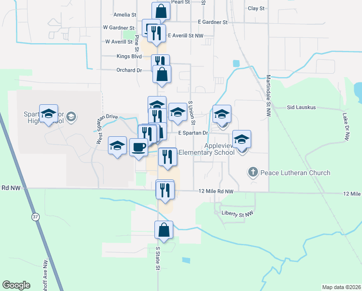 map of restaurants, bars, coffee shops, grocery stores, and more near 516 Leisure Acres Street in Sparta