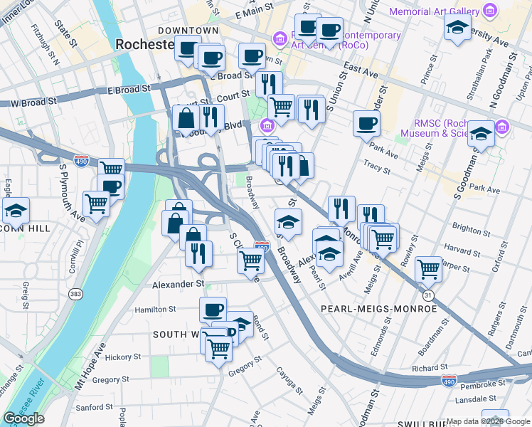map of restaurants, bars, coffee shops, grocery stores, and more near 386 Broadway in Rochester