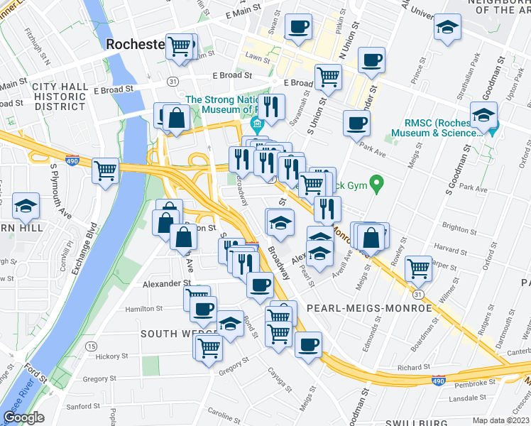 map of restaurants, bars, coffee shops, grocery stores, and more near 33 Pearl Street in Rochester