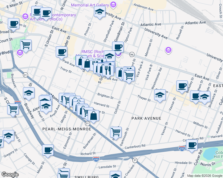 map of restaurants, bars, coffee shops, grocery stores, and more near 49 Harlem Street in Rochester