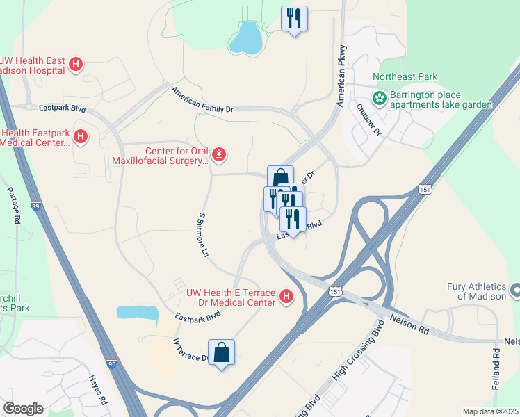map of restaurants, bars, coffee shops, grocery stores, and more near 4702 American Parkway in Madison