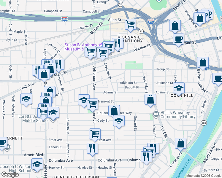 map of restaurants, bars, coffee shops, grocery stores, and more near 87 Reynolds Street in Rochester
