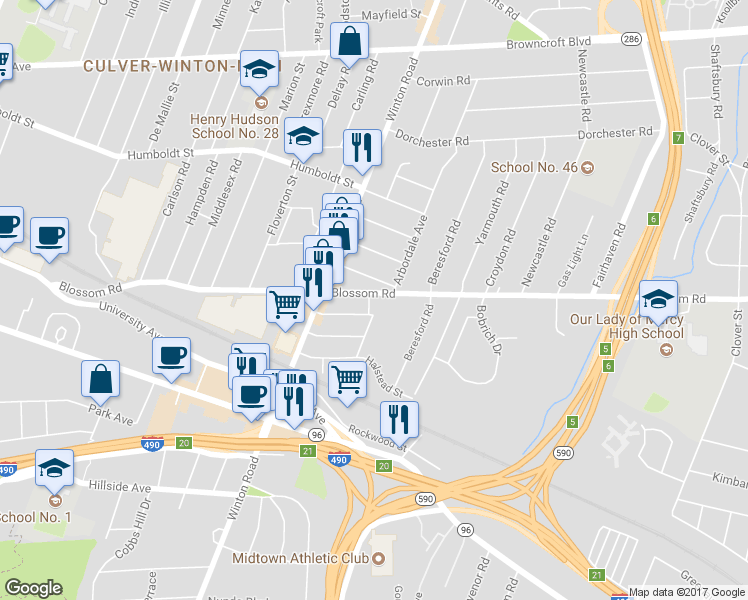 map of restaurants, bars, coffee shops, grocery stores, and more near 771 Blossom Road in Rochester