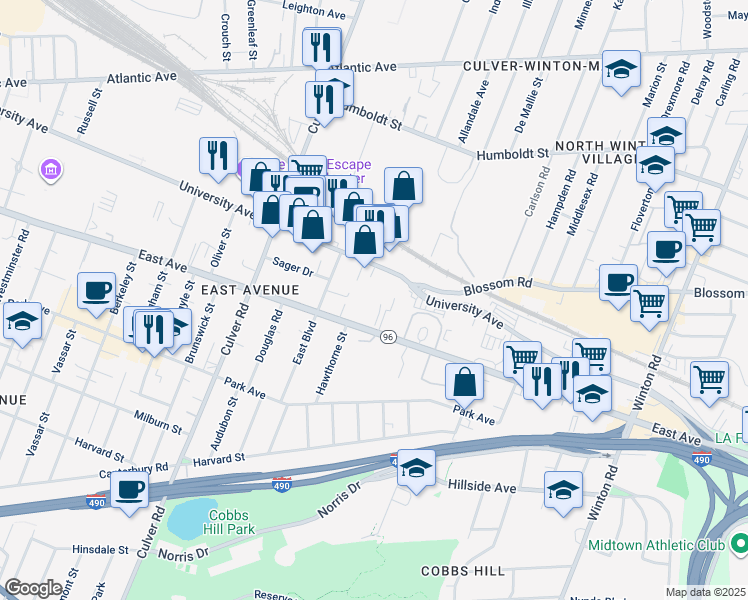 map of restaurants, bars, coffee shops, grocery stores, and more near 1400 East Avenue in Rochester