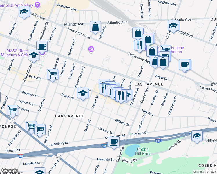map of restaurants, bars, coffee shops, grocery stores, and more near 80 Berkeley Street in Rochester