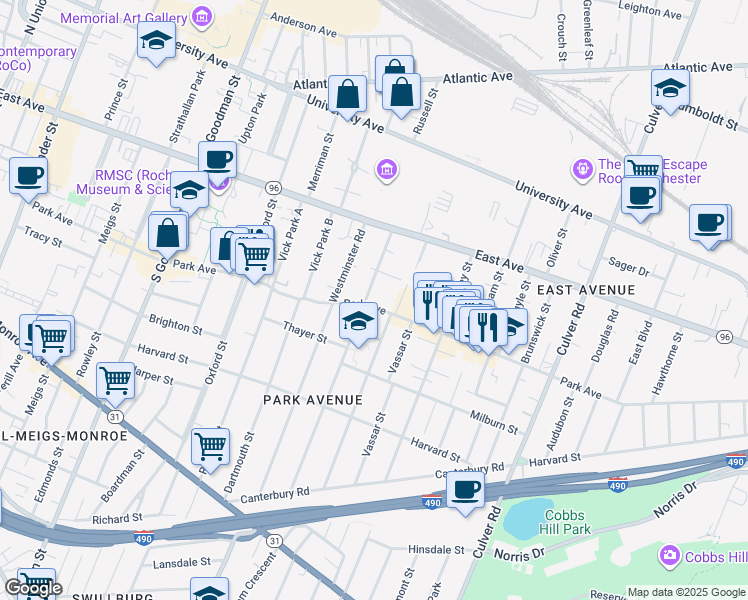 map of restaurants, bars, coffee shops, grocery stores, and more near in Rochester