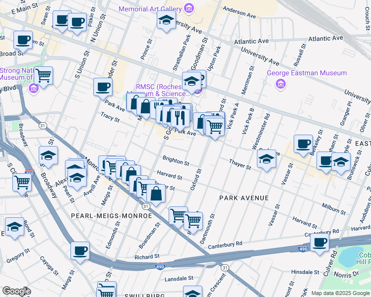 map of restaurants, bars, coffee shops, grocery stores, and more near 49 Harlem Street in Rochester