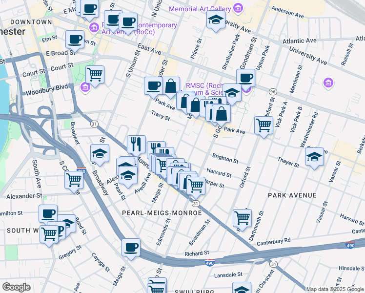 map of restaurants, bars, coffee shops, grocery stores, and more near 260 Meigs Street in Rochester