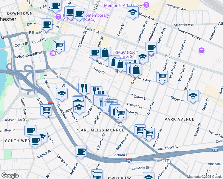 map of restaurants, bars, coffee shops, grocery stores, and more near 260 Meigs Street in Rochester