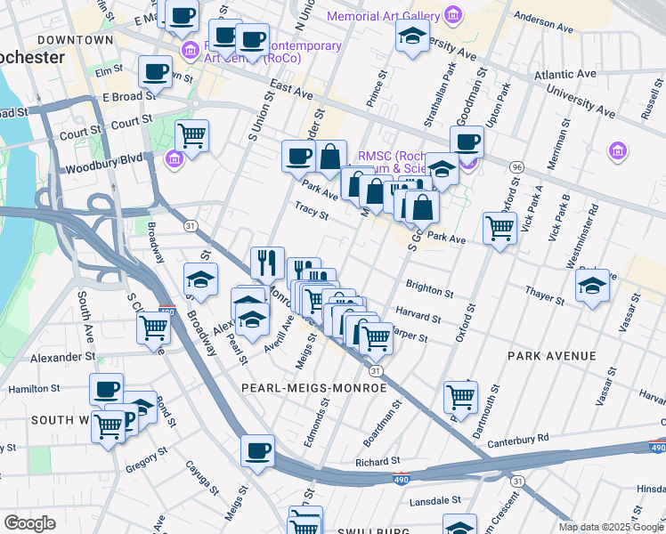 map of restaurants, bars, coffee shops, grocery stores, and more near 260 Meigs Street in Rochester