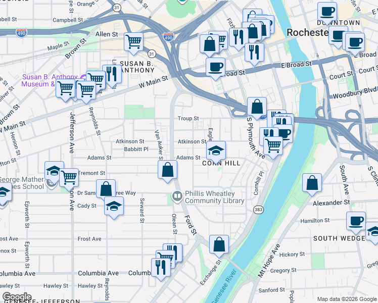 map of restaurants, bars, coffee shops, grocery stores, and more near 126 Adams Street in Rochester