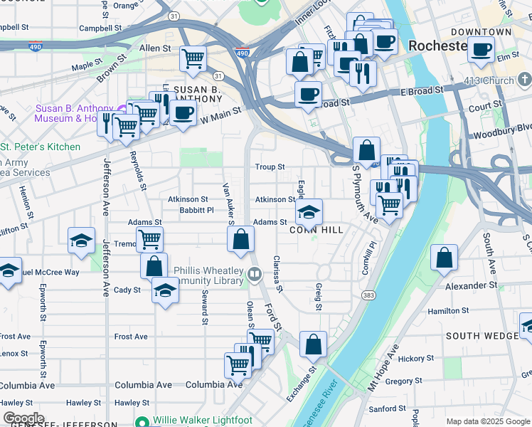 map of restaurants, bars, coffee shops, grocery stores, and more near 126 Adams Street in Rochester